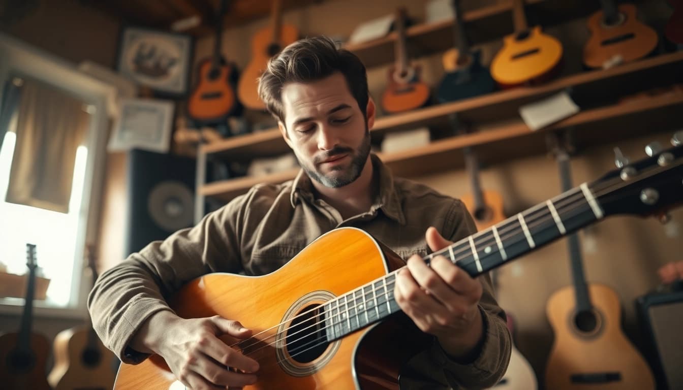 Engaged guitarist playing in a cozy room, showcasing https://guitarlessons.co.uk learning vibe.