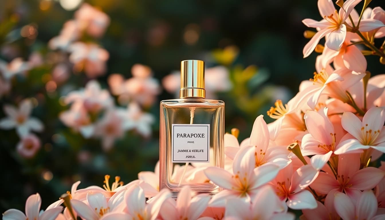 Showcasing Paradoxe perfume bottle elegantly surrounded by jasmine flowers and soft lighting.