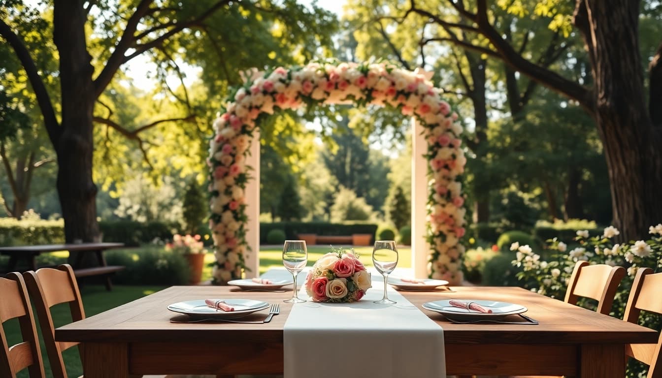 Genießen Sie eine romantische hochzeit location im Freien mit festlich dekoriertem Tisch.