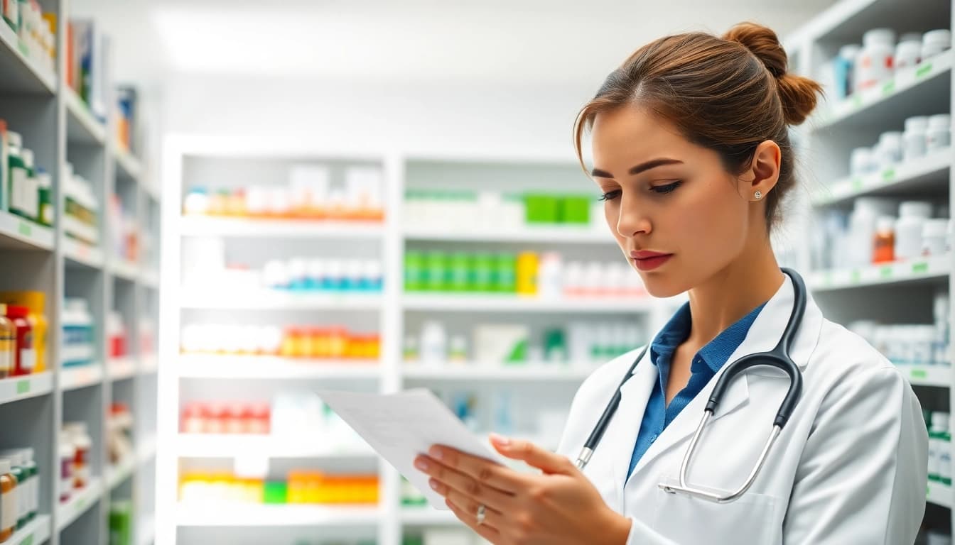 Online pharmacy pharmacist reviewing a prescription in a bright, modern setting