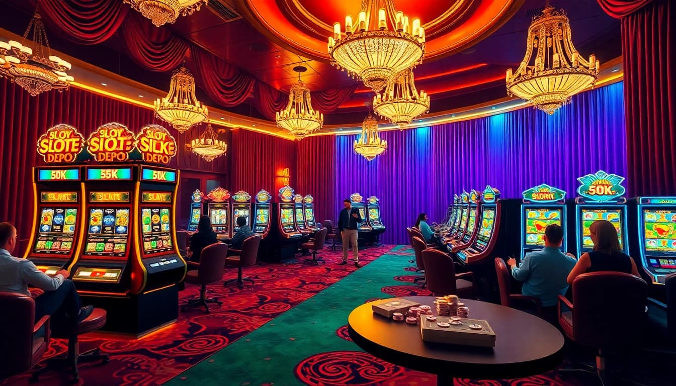 Players enjoying excitement at the "Slot Depo 5K" machine in a vibrant casino scene.