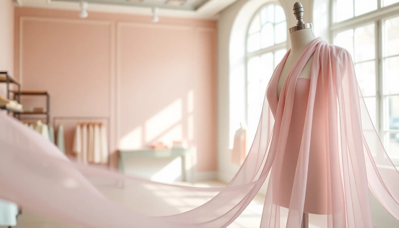 Chiffon stof mooi gepresenteerd in een elegante boetiek met zachte kleuren.