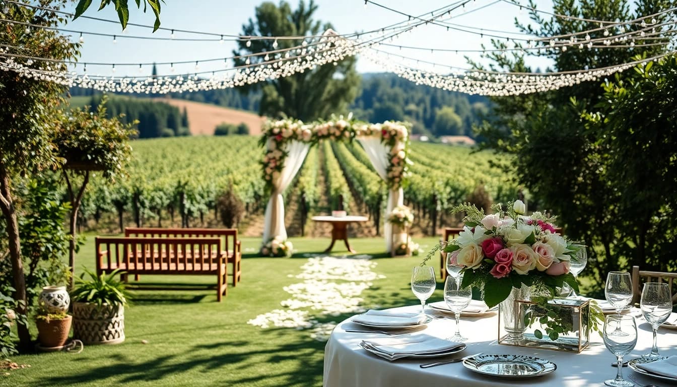 Scenic outdoor wedding venue California adorned with floral arrangements and vibrant greenery.
