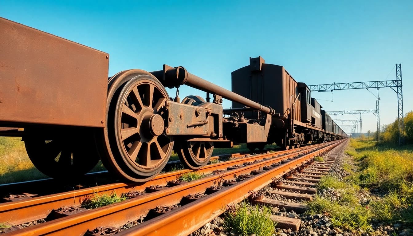 Derailment of a train depicted with detailed wheels and crushed tracks in a natural setting.