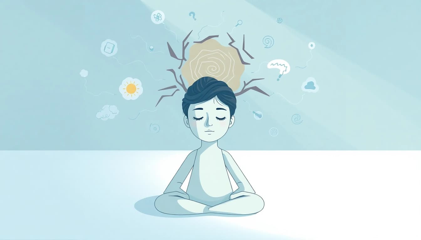 Understanding anxiety symptoms through an illustration of a person meditating amidst swirling chaotic thoughts.