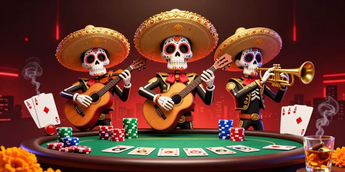 Experience the excitement of credit card online casinos with vibrant mariachis playing at a bustling poker table.