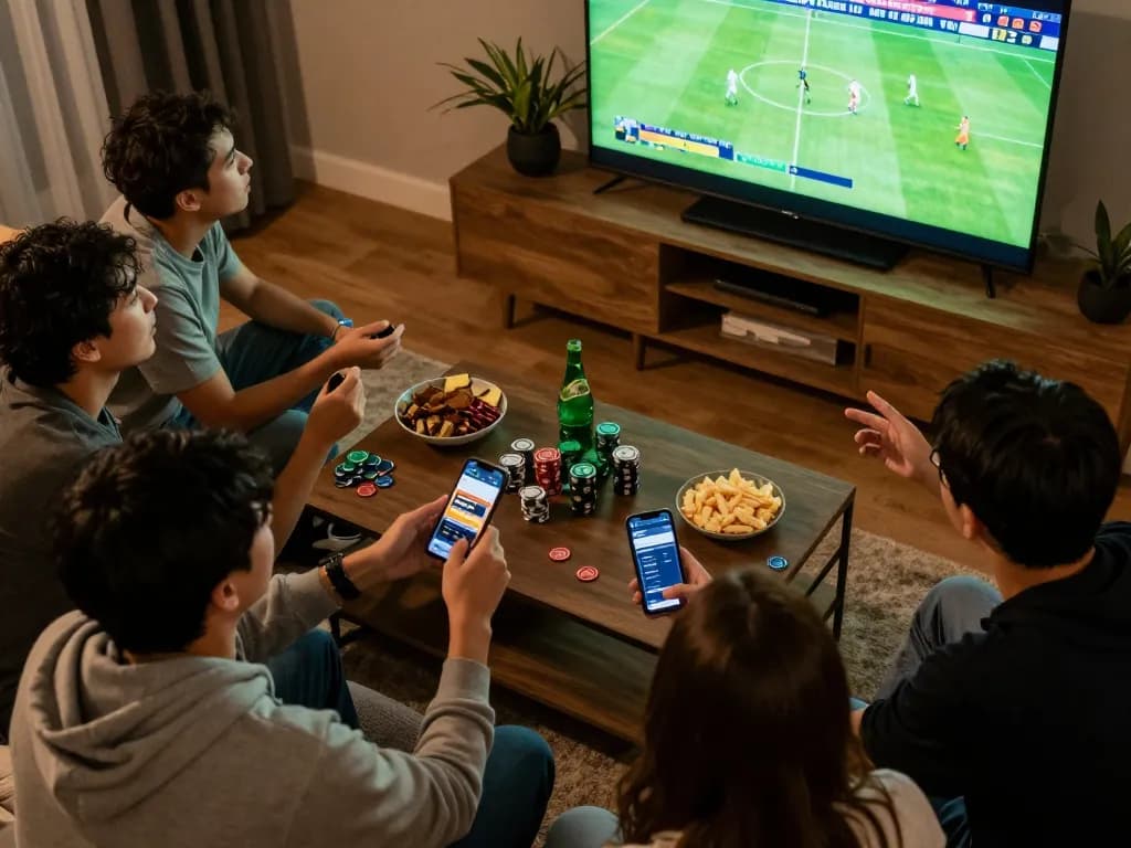 Friends enjoying live football while placing bets on king33 app, creating a thrilling atmosphere.
