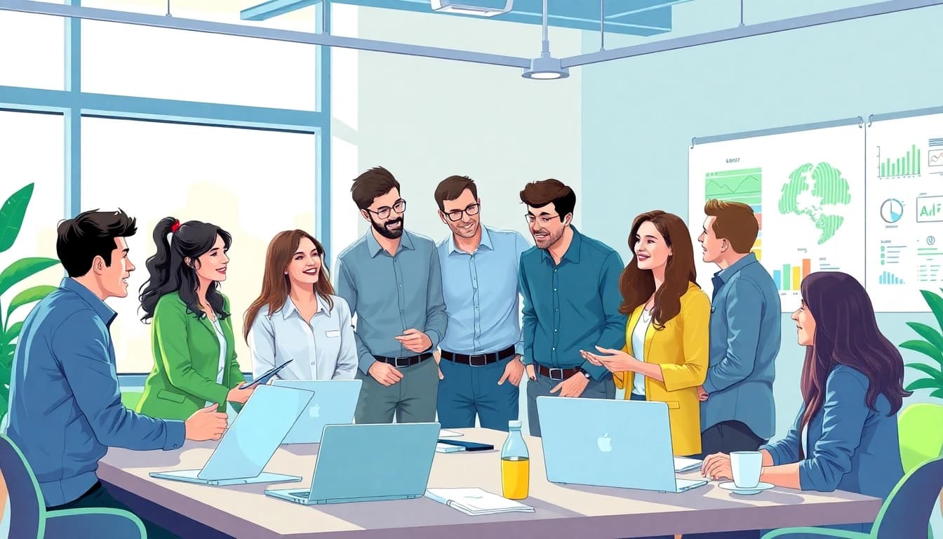 Engaged team discussing innovative ai startup ideas in a bright, modern office.