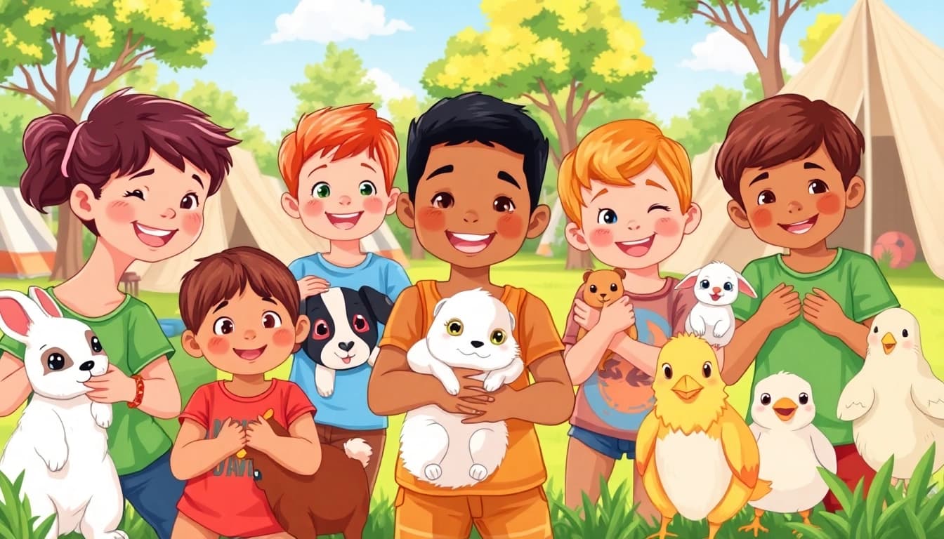 Engaging experience at animal summer camps for kids with children interacting with various animals.