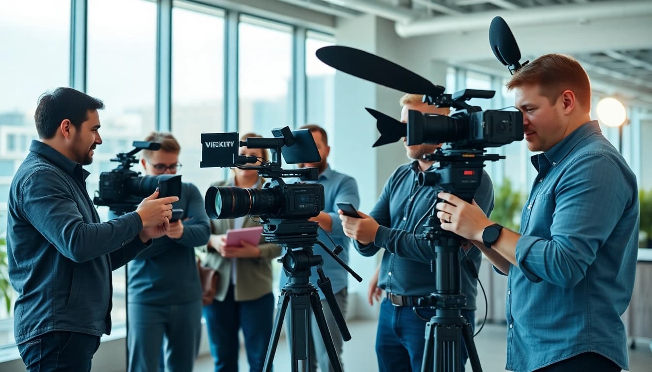Engaging corporate video production shoot featuring a diverse team collaborating on creative projects.
