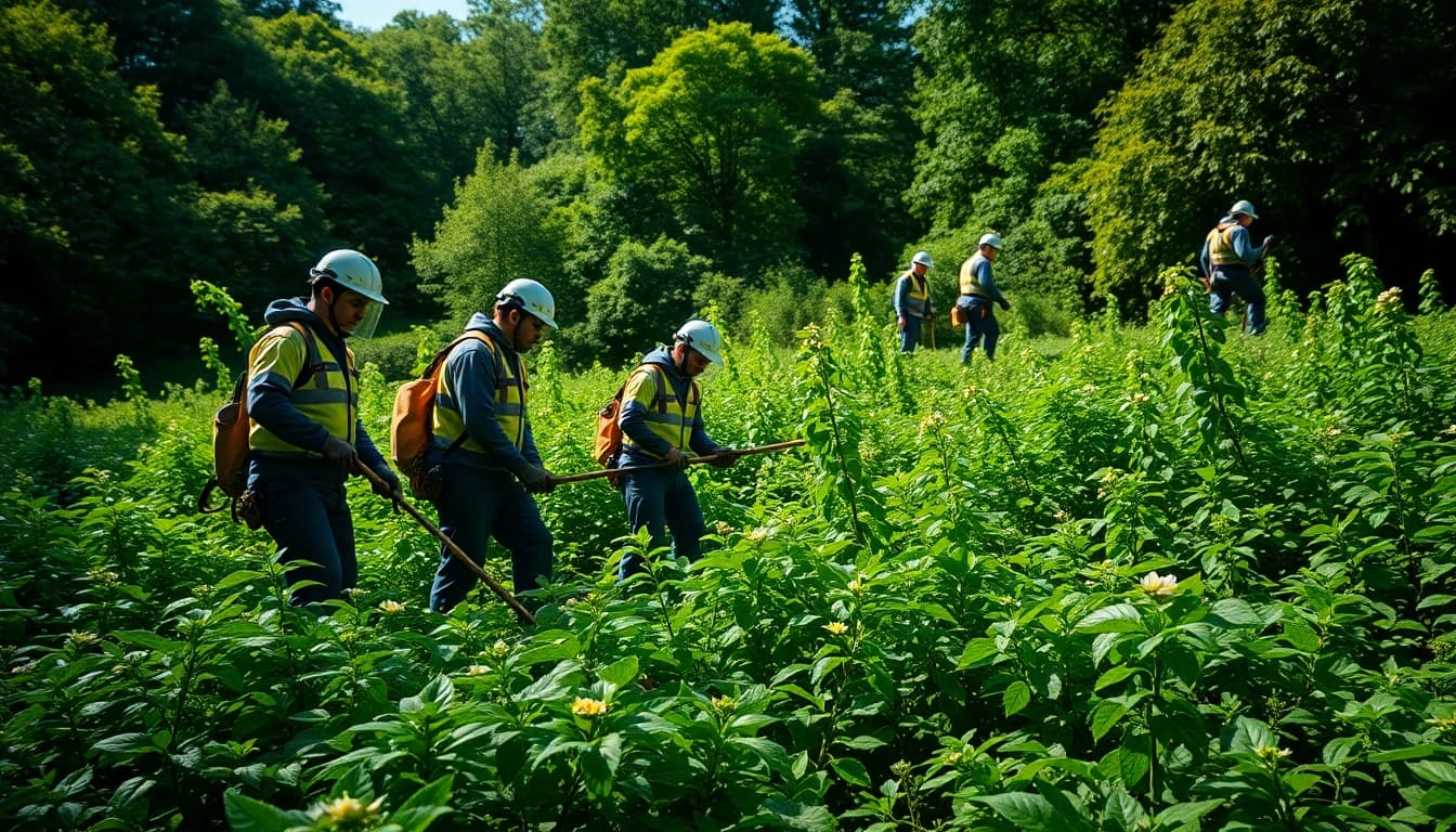 Japanese Knotweed Removal by a professional team clearing invasive plants in a lush park.
