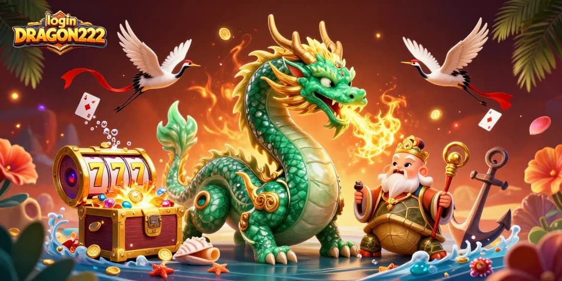 Engage with the login DRAGON222 experience through an enchanting 3D scene featuring dynamic characters and vibrant casino elements.