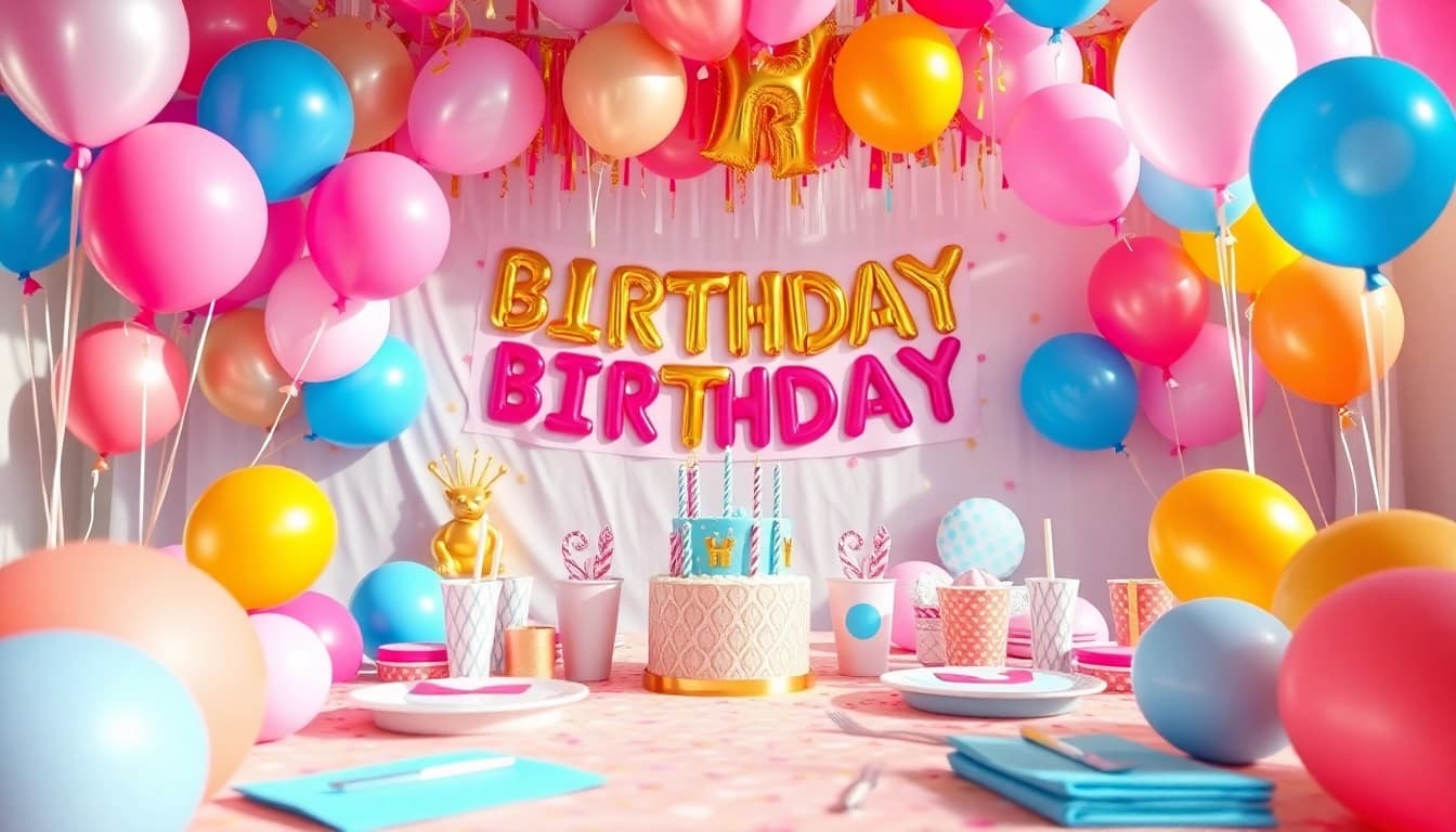 Vibrant customizable birthday party setup showcasing personalized decorations and supplies for an energetic celebration.