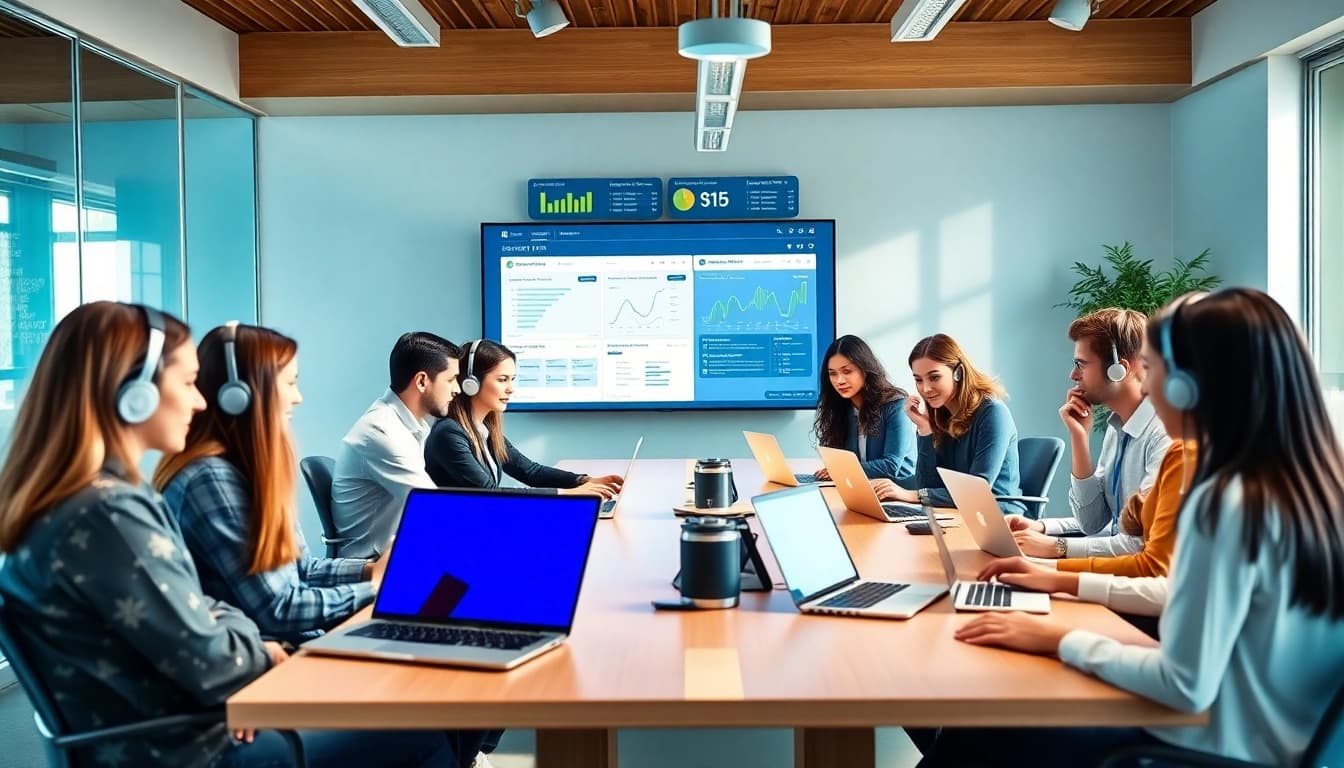 Helpdesk support team collaborating effectively in a modern office setting.