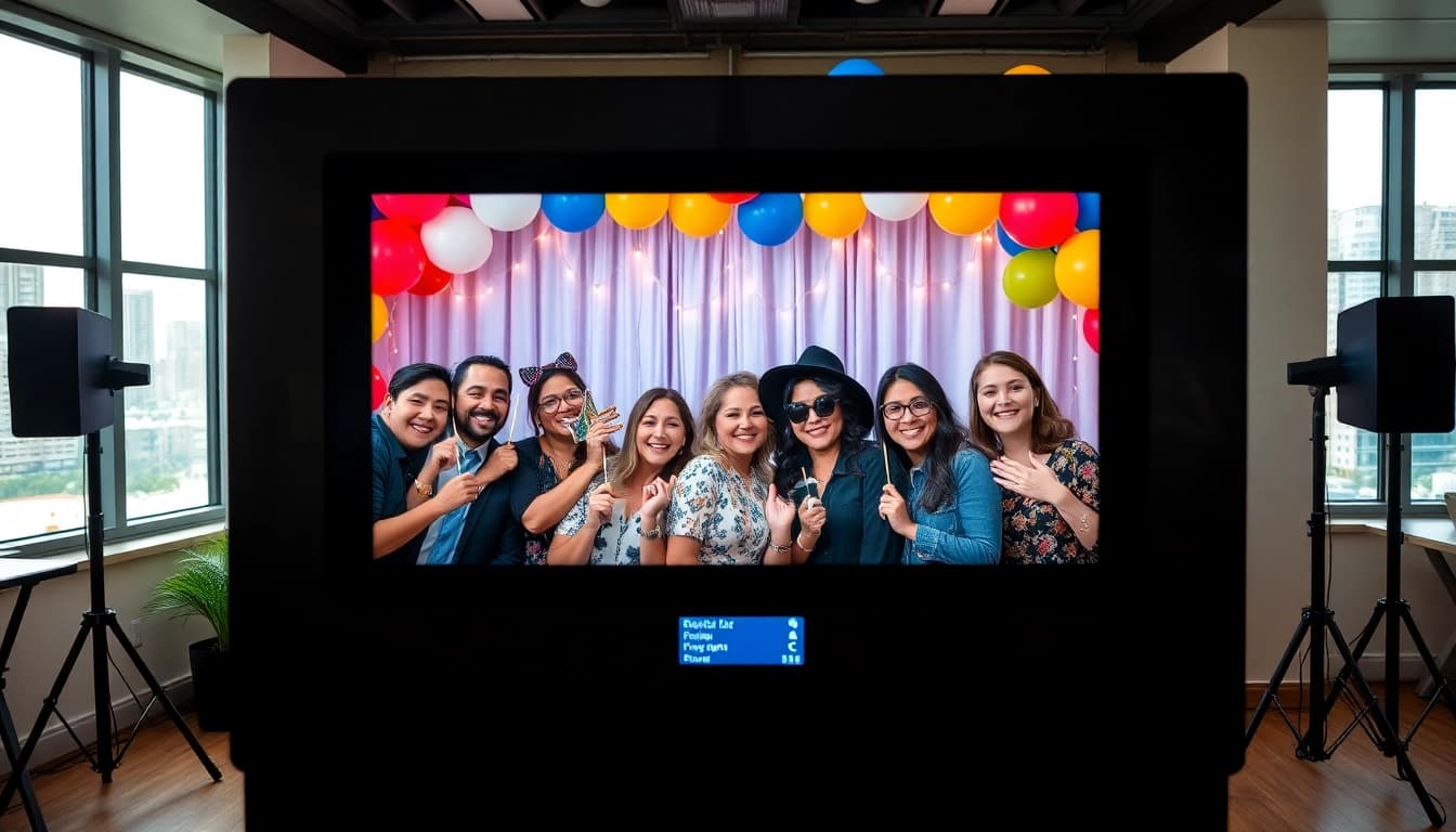 Guests enjoying a photo booth chicago experience with fun props and vibrant decor.