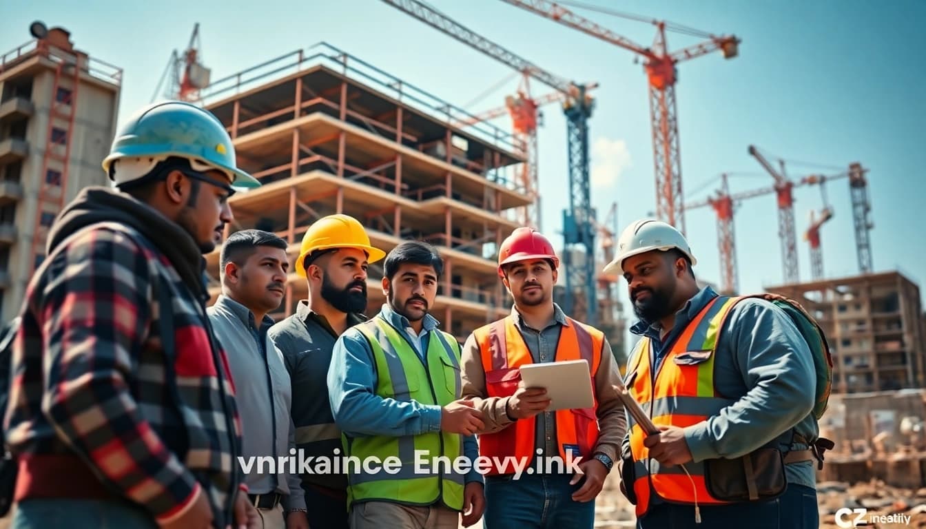 Highlighting construction workforce development, diverse professionals working together on-site.
