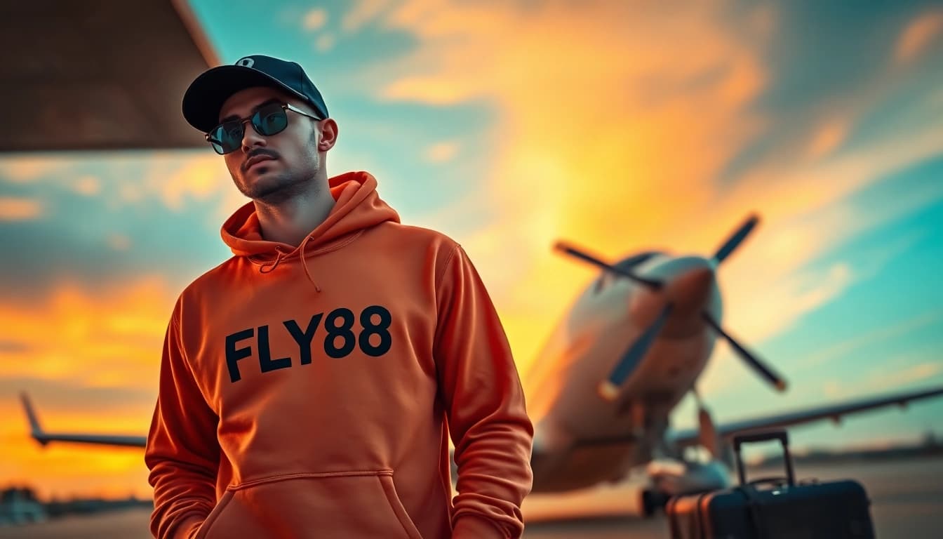 FLY88 aviation-themed apparel showcased by a model in a vibrant sunset setting.
