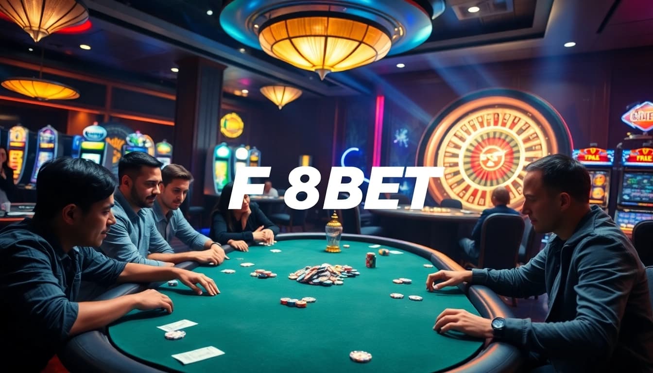 Players enjoying thrilling poker at F8BET casino with vibrant slot machines and roulette wheels.