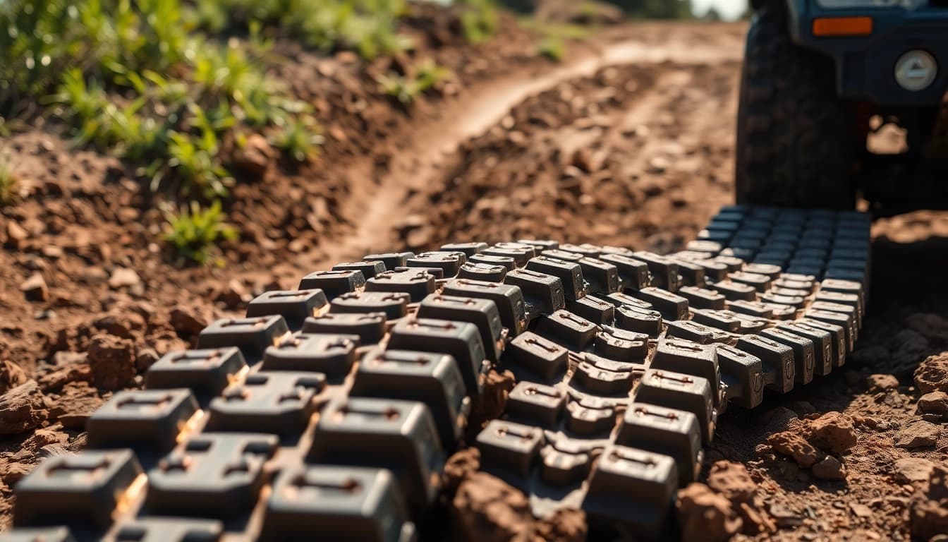 Recovery Tracks showcased in a rugged environment with a 4x4 vehicle emphasizing their durability.