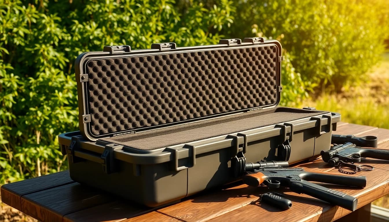Showcase a pelican rifle case outdoors, emphasizing its durable features and rugged design for outdoor enthusiasts.