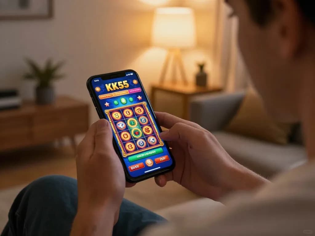 Player using KK55 app on smartphone for engaging online gambling experience in cozy living room