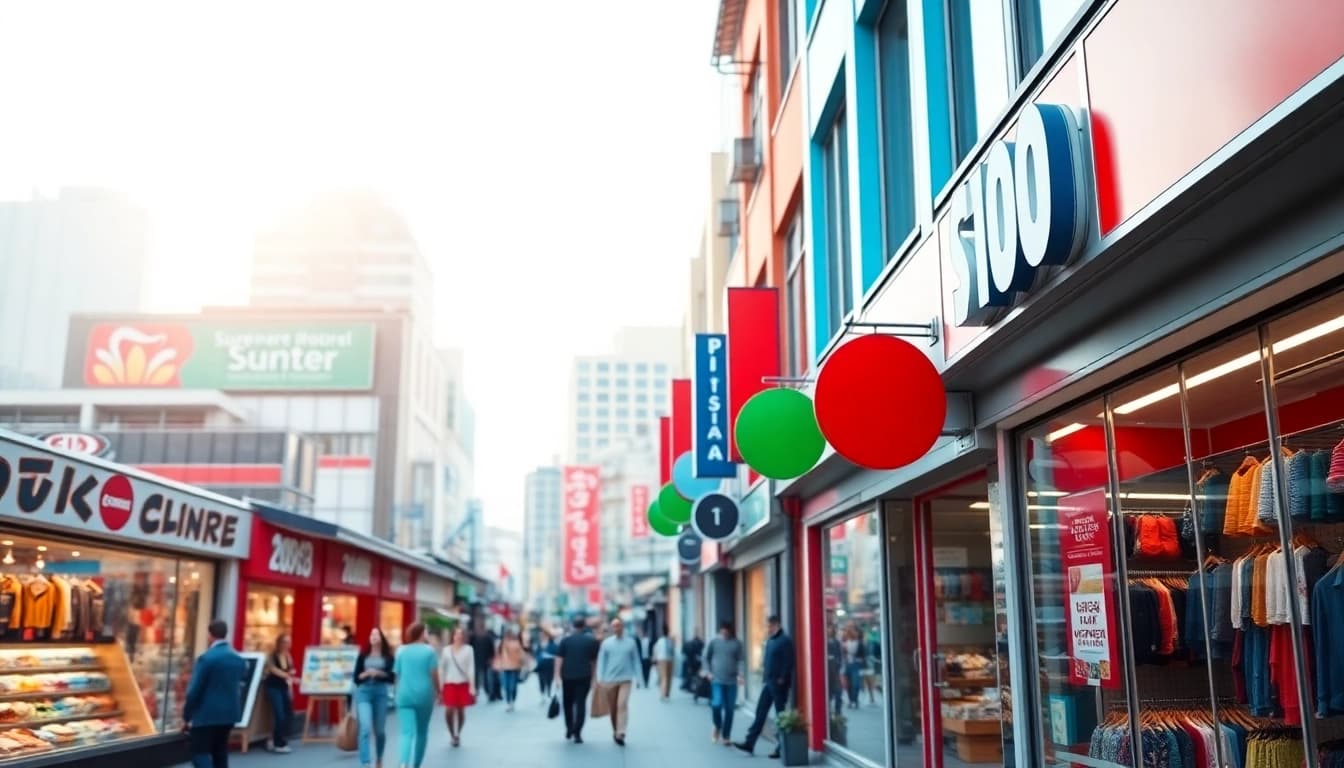 Engaging view of a vibrant Multi-Store showcasing diverse storefronts in a bustling urban environment.