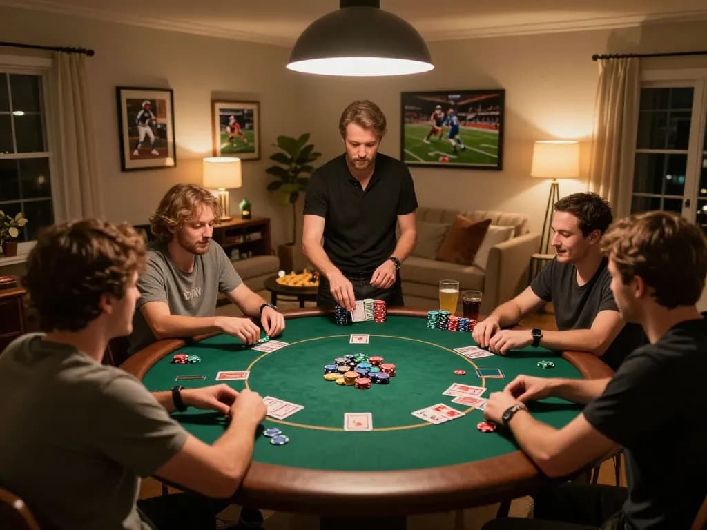KQBD real-time poker action among friends at an elegant home game night.