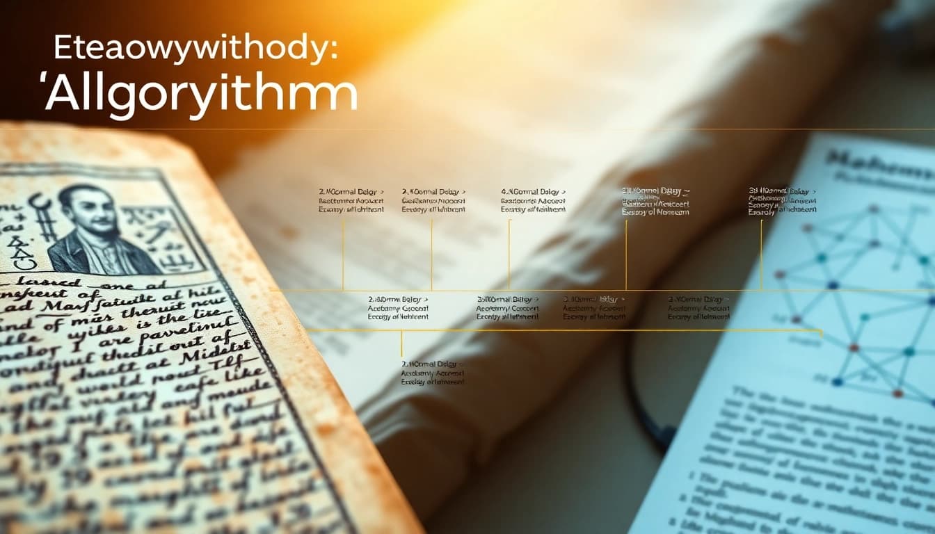 Infographic exploring algorithm etymology, featuring Muḥammad ibn Mūsā al-Khwarizmi and mathematical evolution.