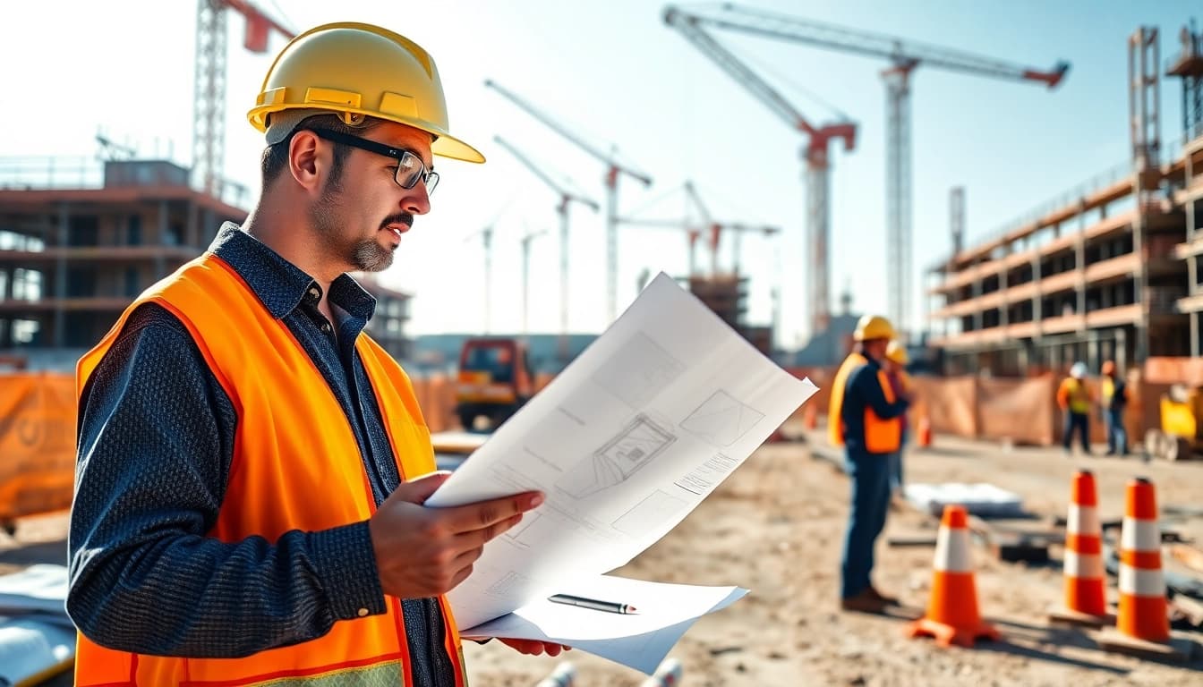 Engaged construction worker evaluating plans highlighting careers in construction.