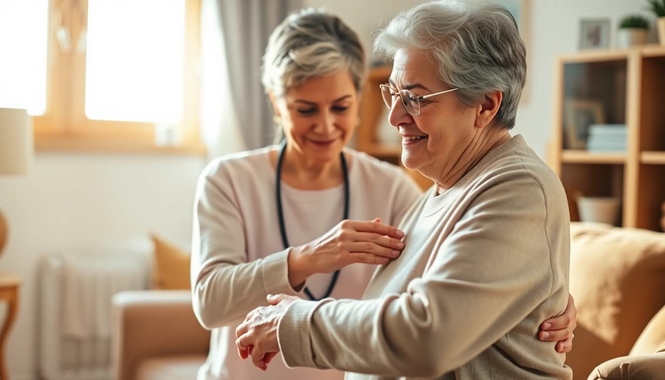 Care at home provided by a trusted caregiver in a warm, inviting living room.