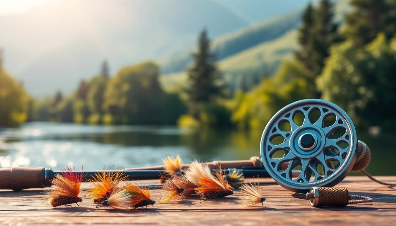 Showcase of a fly fishing kit with vibrant flies and equipment at a serene riverside.