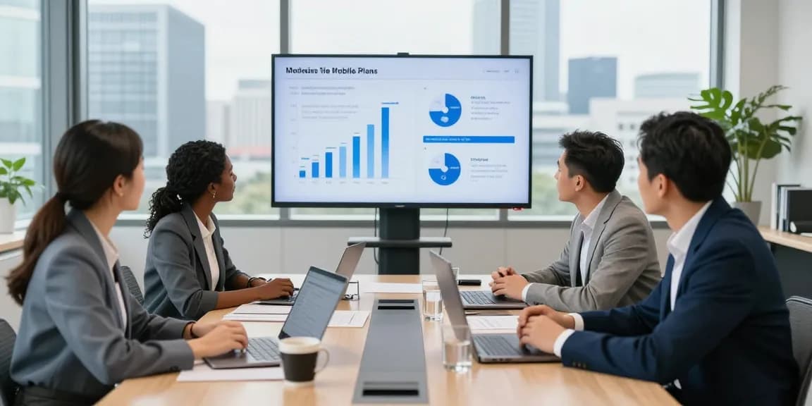 Team discussing strategies to compare business mobile deals UK in a modern office.