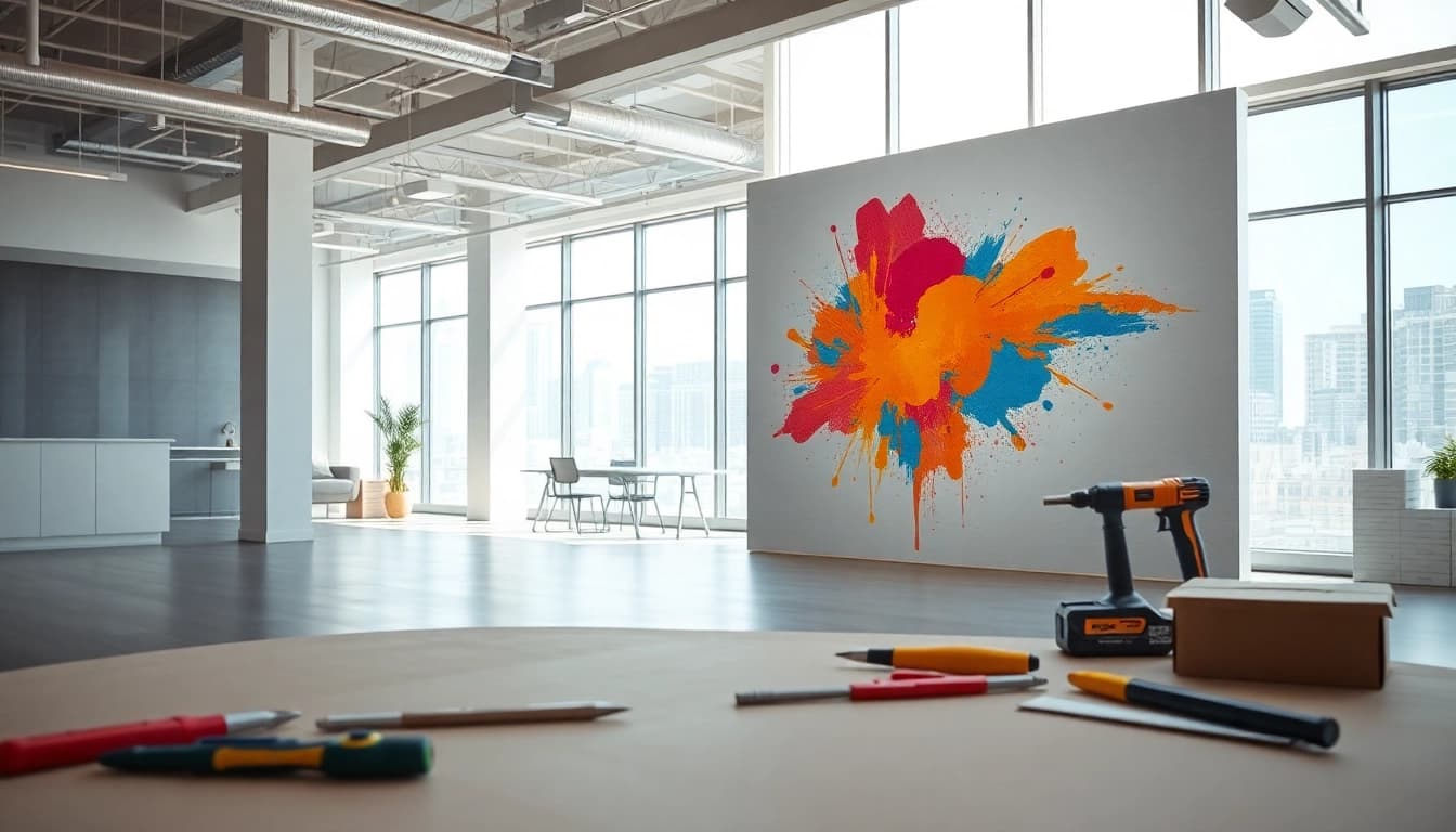 Install interior wall board in a modern office, showcasing tools and vibrant art.