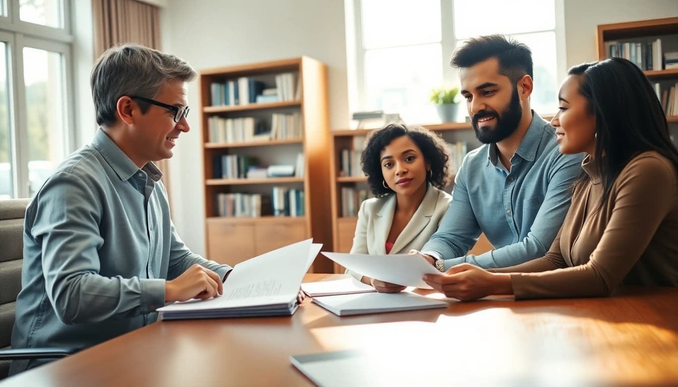 Engaging financial advisor Norfolk va discussing investment options with a couple in a bright office.