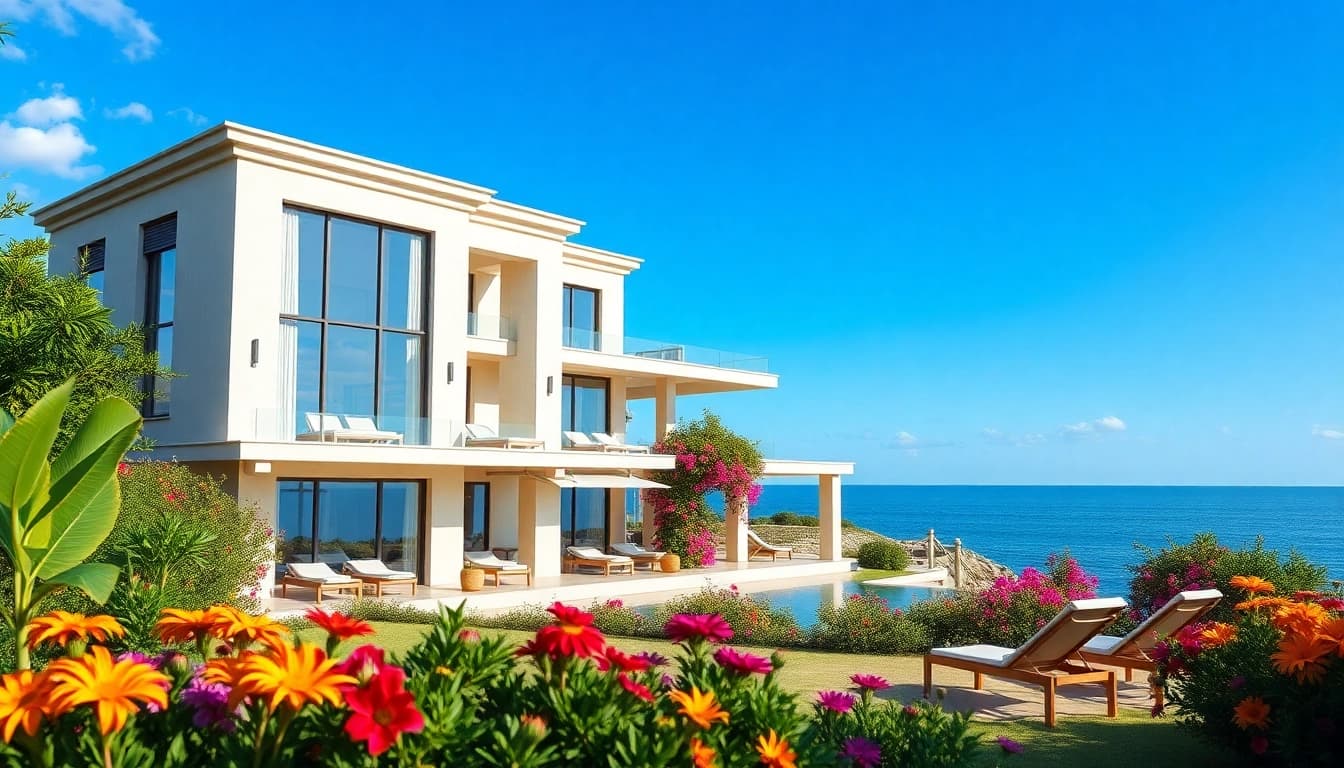 Showcasing a stunning villa, property for sale in alanya, overlooking the Mediterranean.