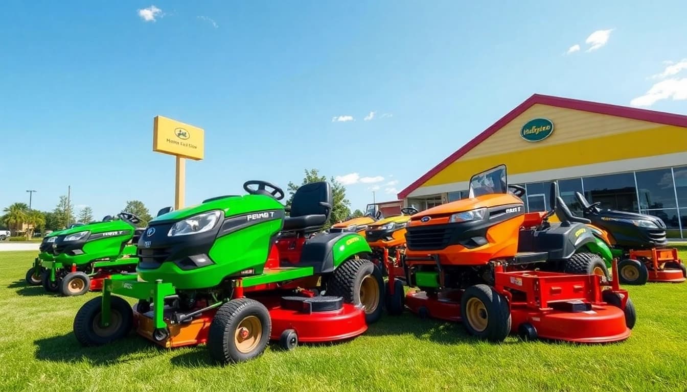 Explore the latest zero turn mowers for sale in a sunny outdoor showroom displaying vibrant models.