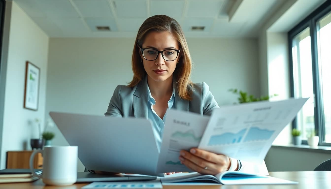 Financial advisor analyzing SMSF tax return documents in a modern office.