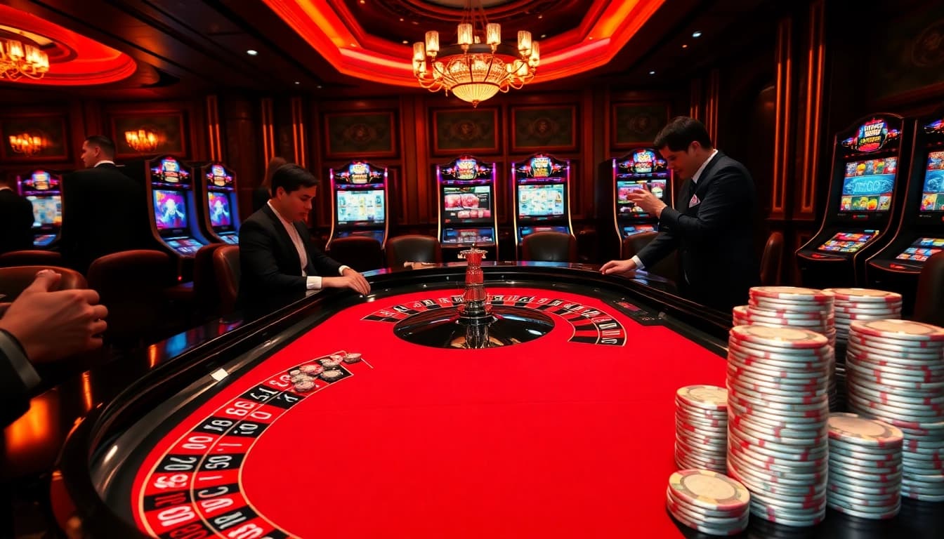 Découvrez l'énergie dynamique du meilleur casino en ligne avec des joueurs pariant avec enthousiasme à une table de roulette.