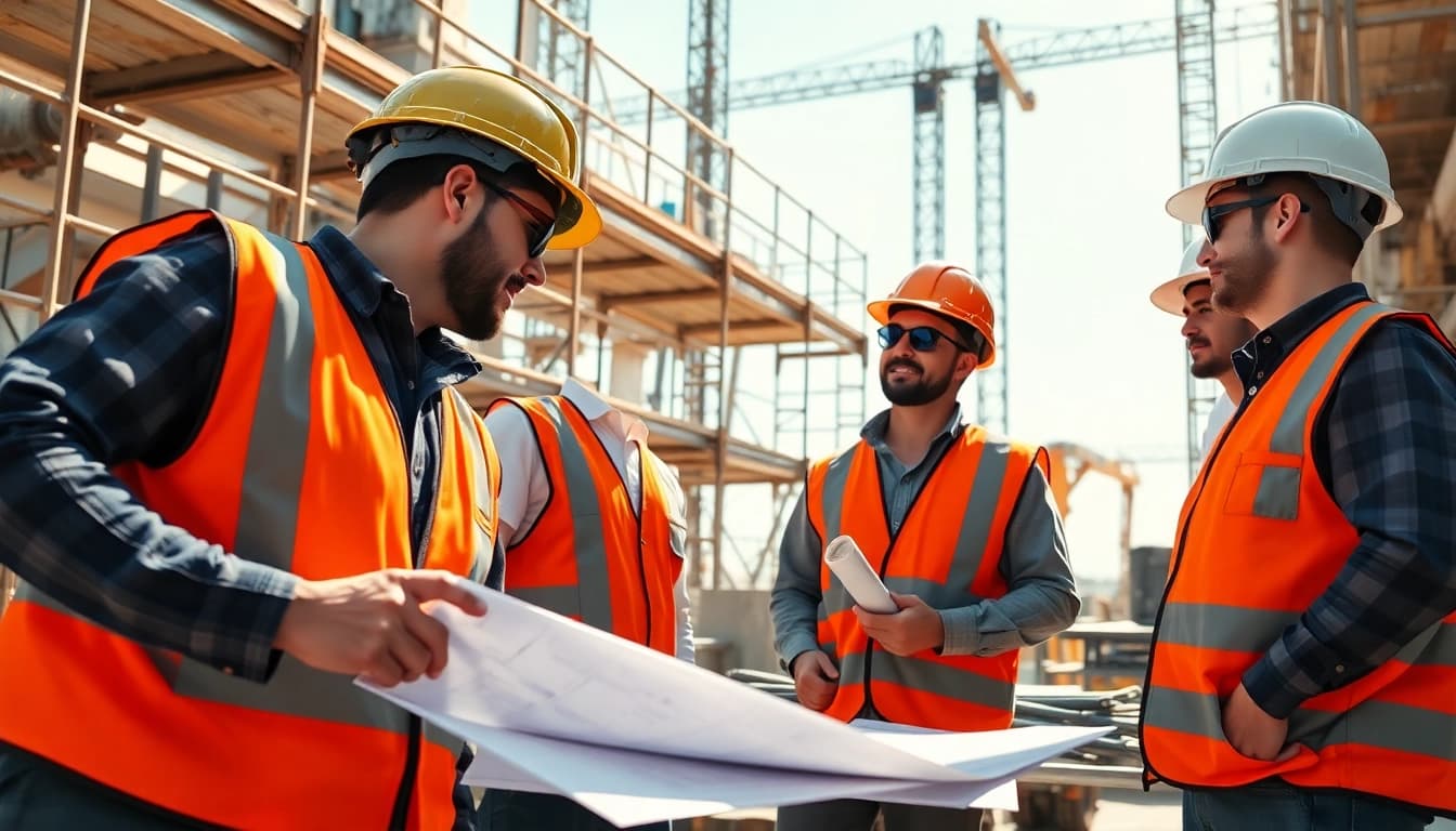 Construction career workers collaborating on a building site surrounded by equipment and tools.