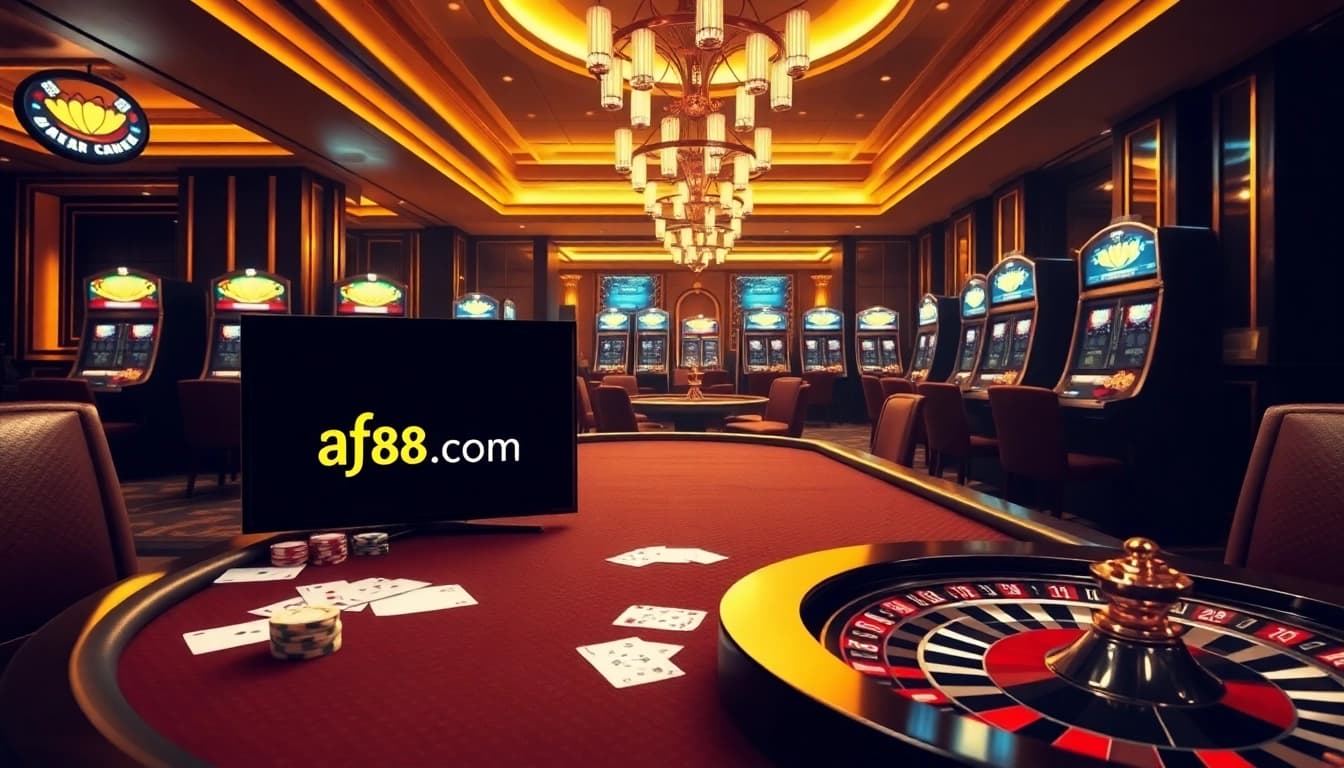 Exciting poker game and luxurious casino decor showcasing af88.com gaming experience.