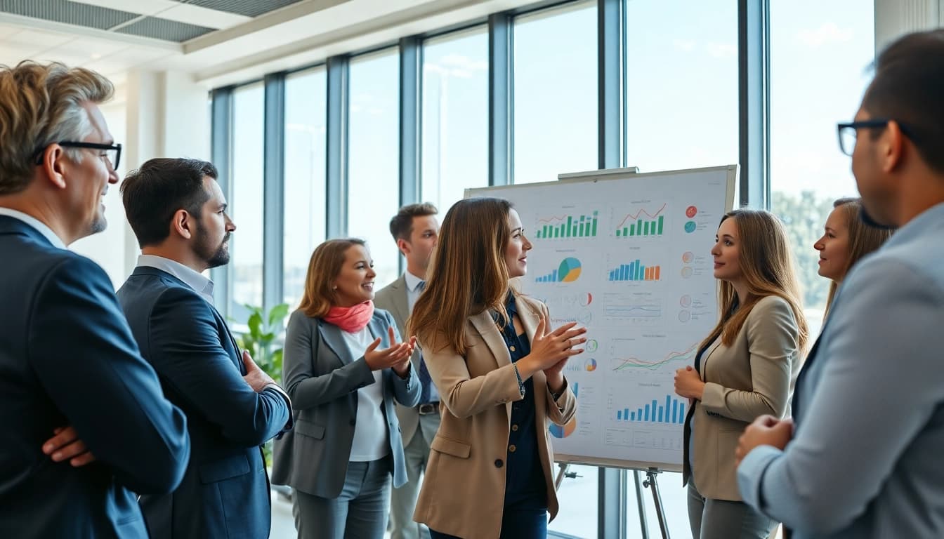 Analyze growth strategy trends with a team brainstorming in a bright office.