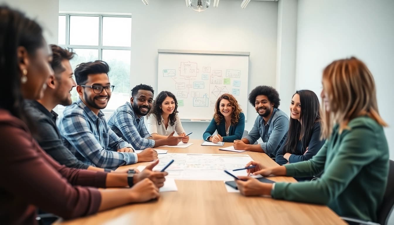 Een dynamische samenwerkingssessie bij https://www.stofnodig.nl met een diverse groep brainstormers rond een moderne tafel.