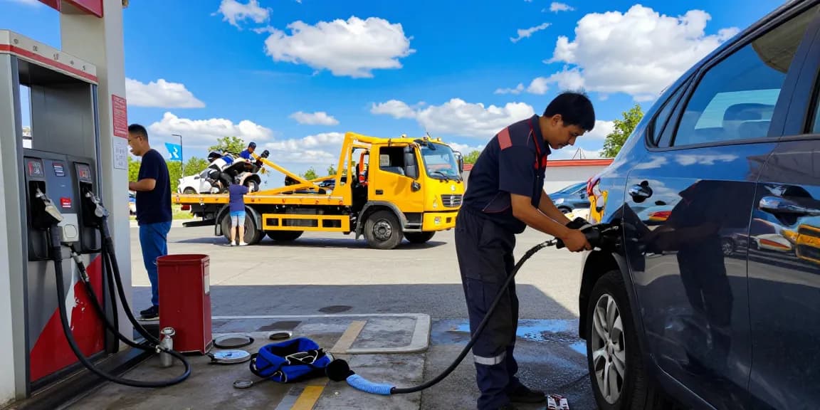 Expert technician draining petrol in diesel car at a busy fuel station