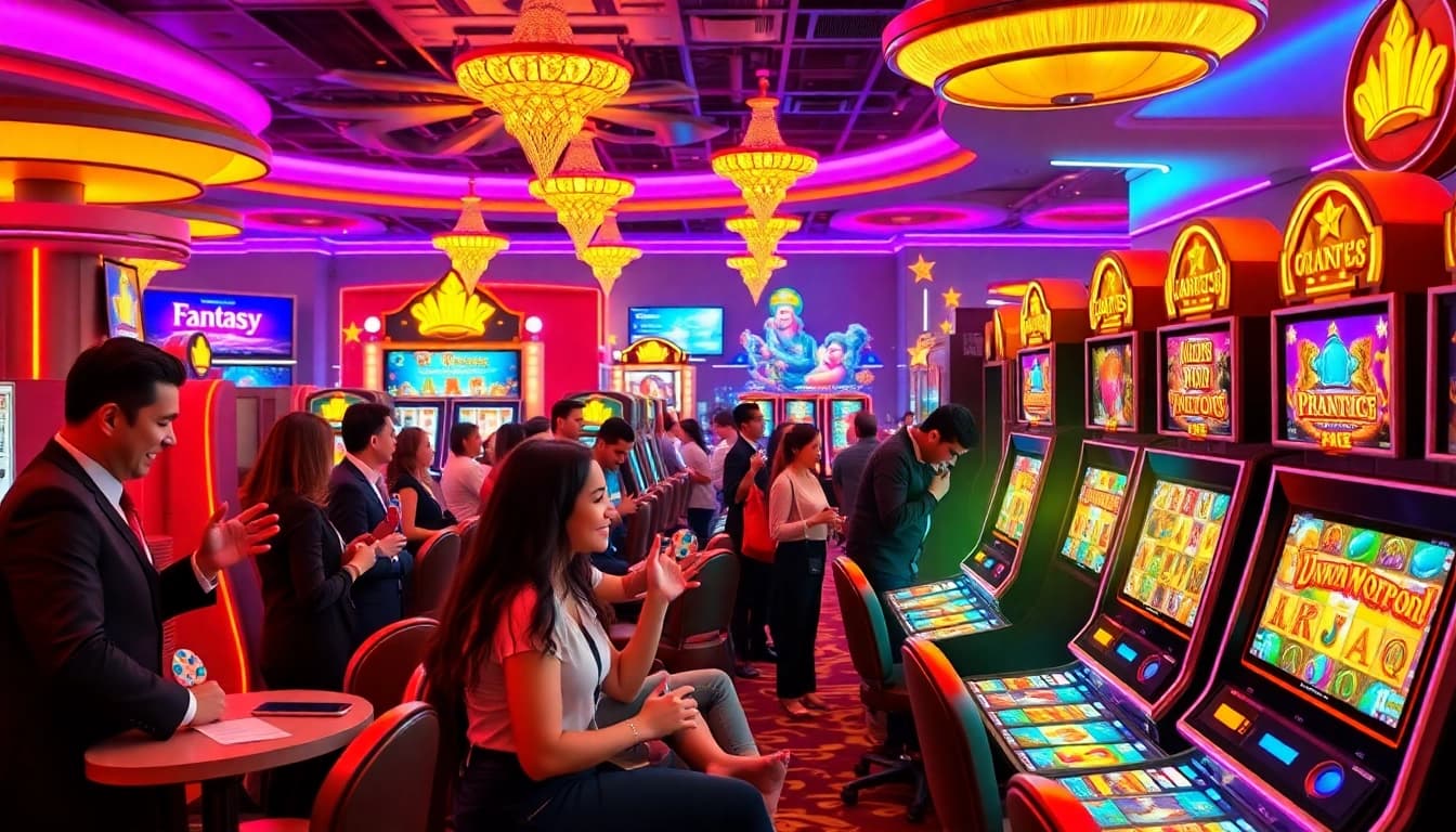 Players enjoying a winning experience on a vibrant pragmatic slot machine in a luxurious casino environment.