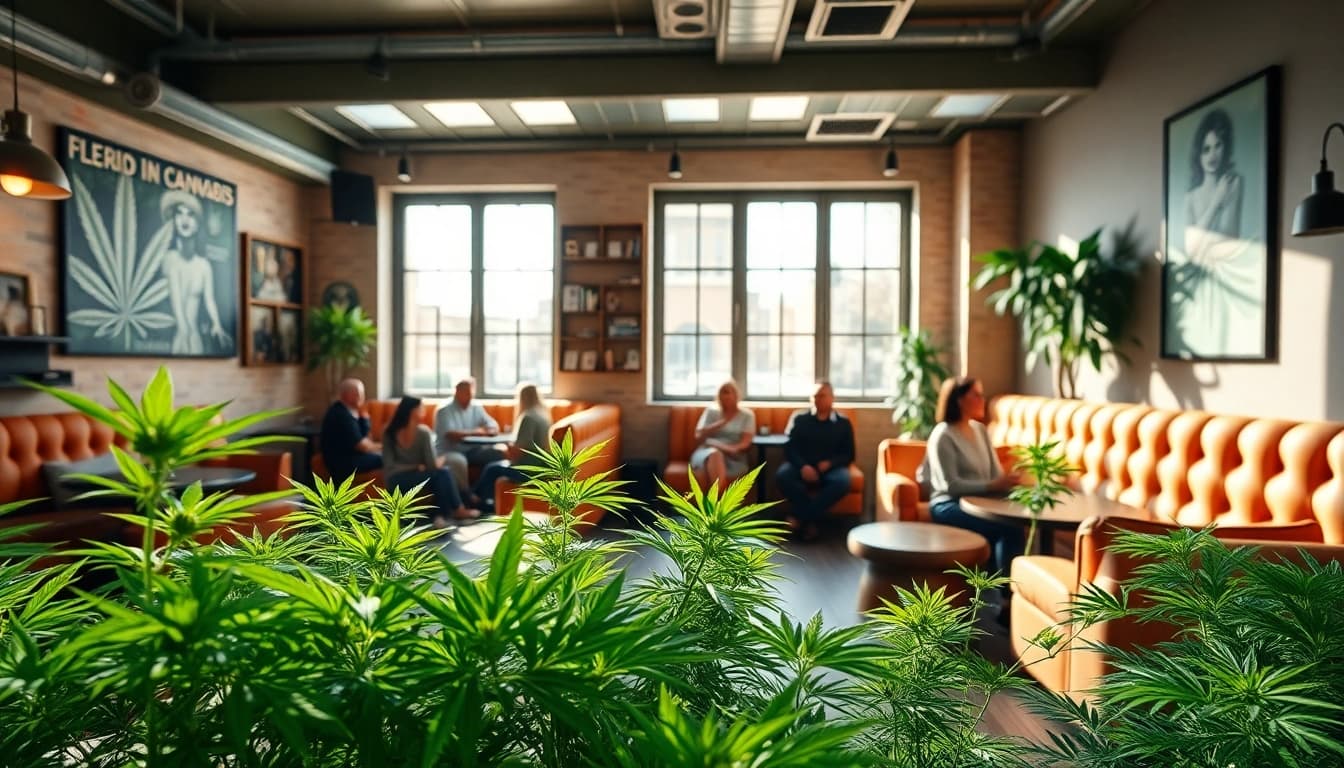 Explore the atmosphere of the Best Cannabis Clubs Madrid with lush plants and social interactions.