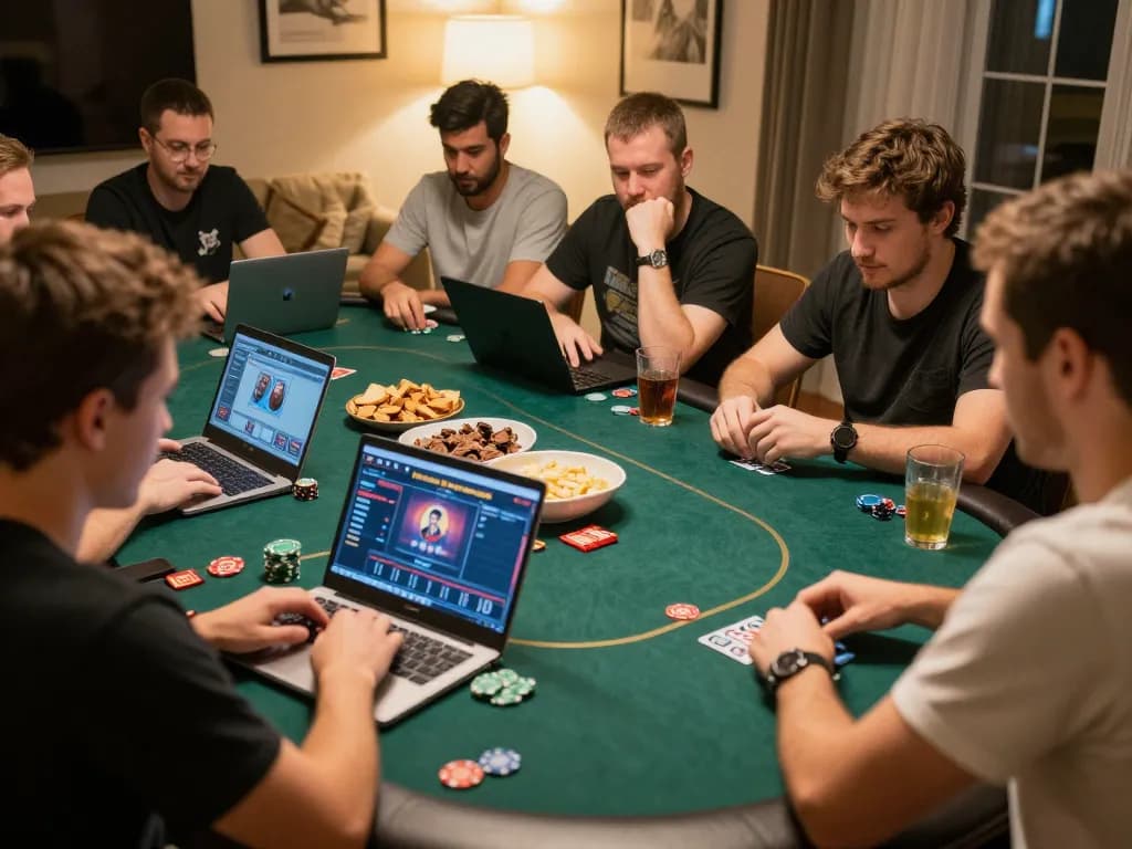 Experience the thrill of online poker at okwin with friends in a warm, inviting living room.