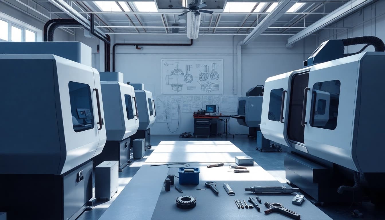 Custom part manufacturer workspace showcasing CNC machines and precise tools in action.