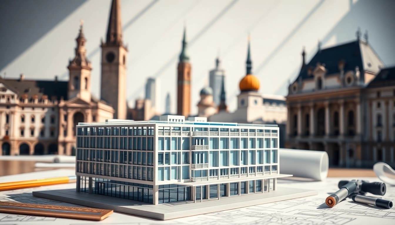 Architekturmodellbau Stuttgart: Detailliertes Modell eines modernen Gebäudes in Stuttgart umgeben von kreativen Elementen.