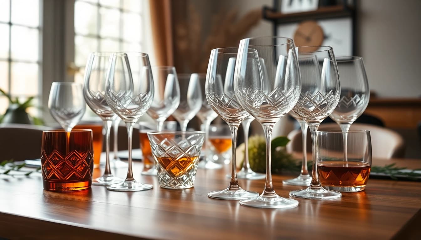Showcase of exquisite glassware NZ, including wine and cocktail glasses on a stylish table.