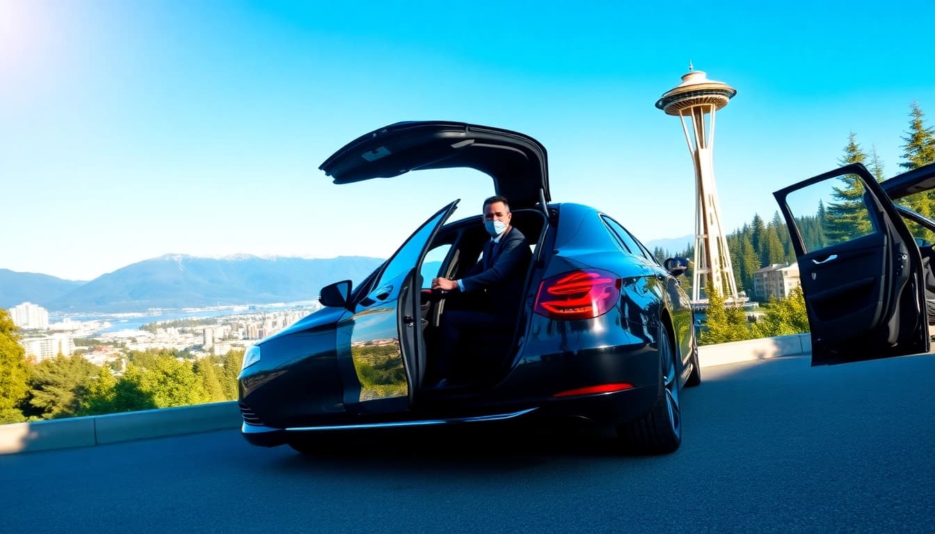 Experience the exceptional car service from Vancouver to Seattle with a luxurious vehicle welcoming passengers.